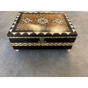 V. Molero Vintage Spanish Marquetry Music Box Wooden Mosaic Jewelry Box 6x5x3"